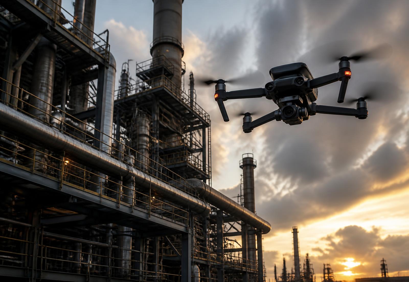 Drone realizando inspeção técnica em planta industrial