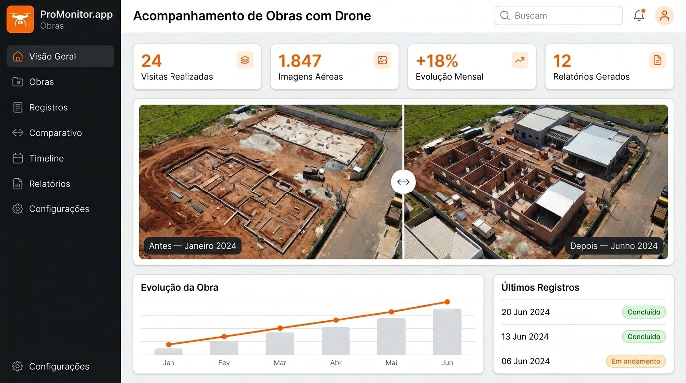 Dashboard da plataforma de acompanhamento de obras com comparativo antes e depois e evolução da obra
