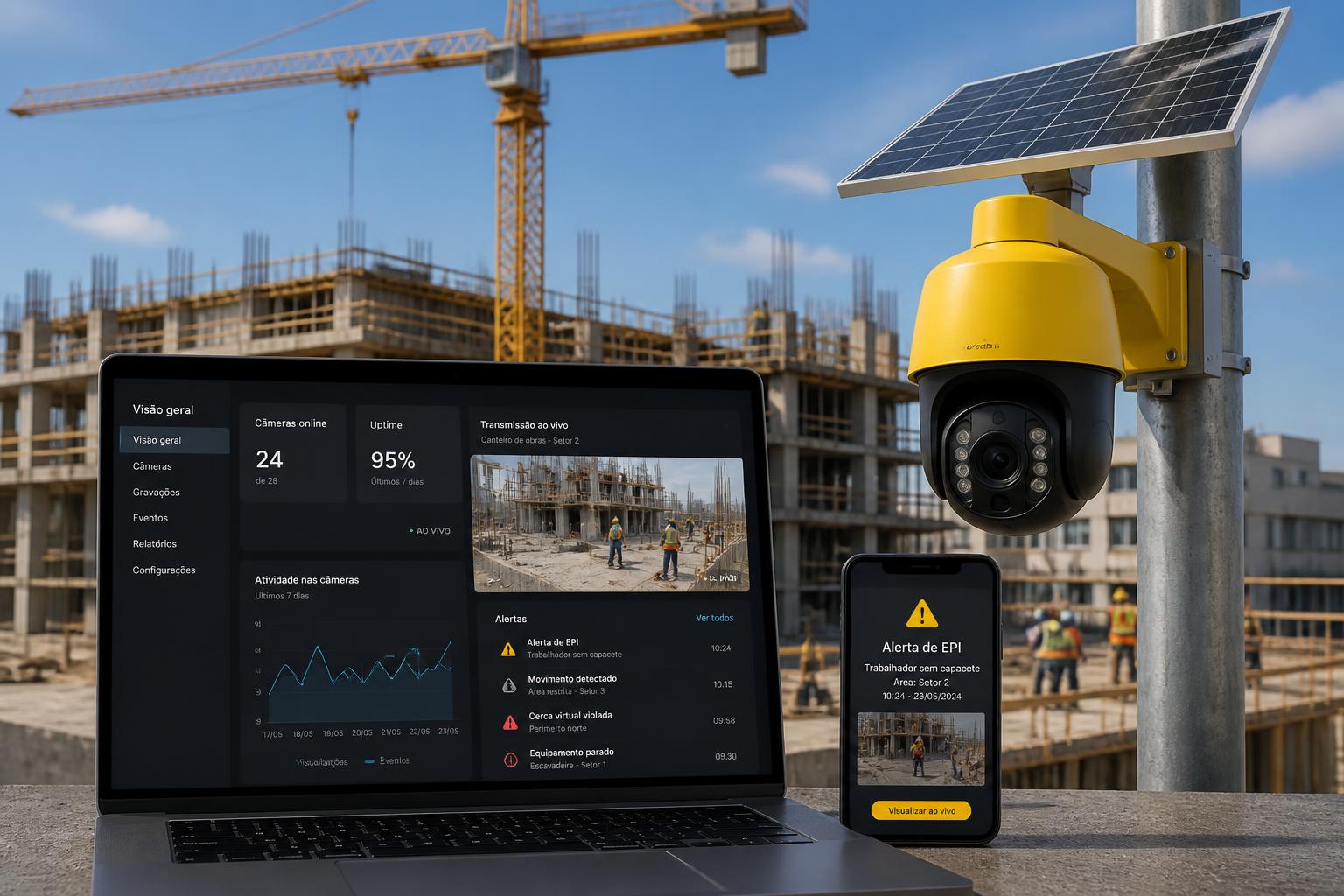 Câmera de monitoramento, painel de monitoramento e celular com alertas em uma obra ativa